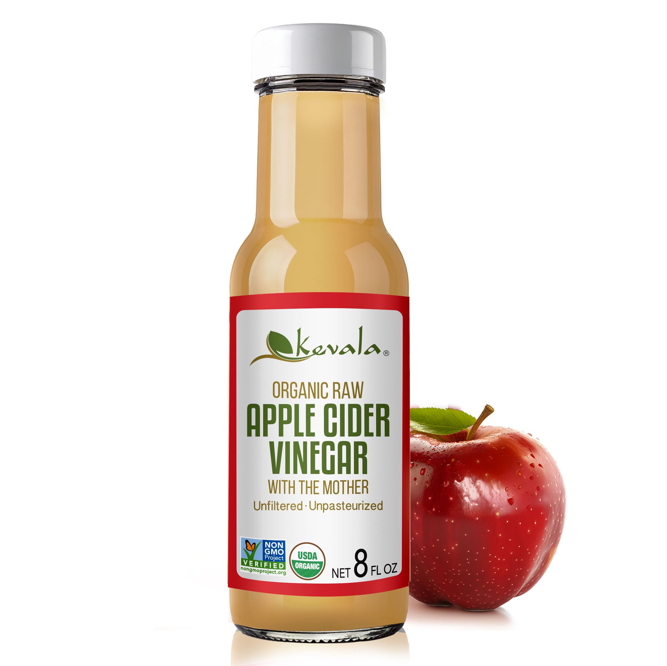 Kevala Organic Raw Apple Cider Vinegar - Glass Bottle, Unfiltered and Unpasteurized Apple Cider Vinegar with Mother for Cooking, Made with Selected Fresh Apples, Ingredient for Immunity Shots, 8 oz